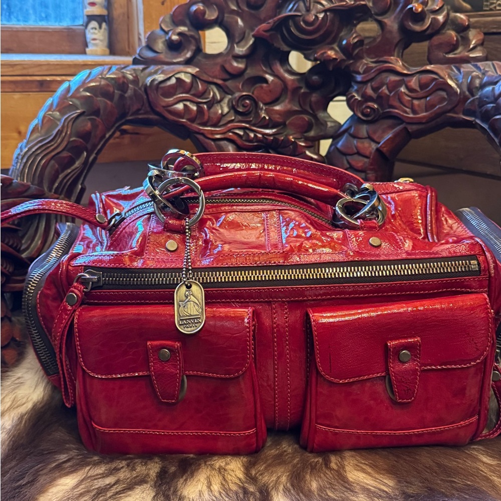 Lanvin Red Patent Leather Satchel with Metal Tag